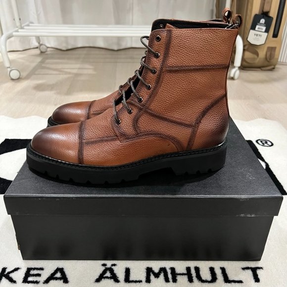 Zanzara Zagori Cognac Leather Lug Sole Blocking Accent Lace Up Boots